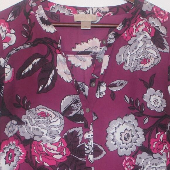 LOFT Women’s Floral Long Sleeve Blouse Size Medium Petite Purple Work Top - Picture 2 of 9